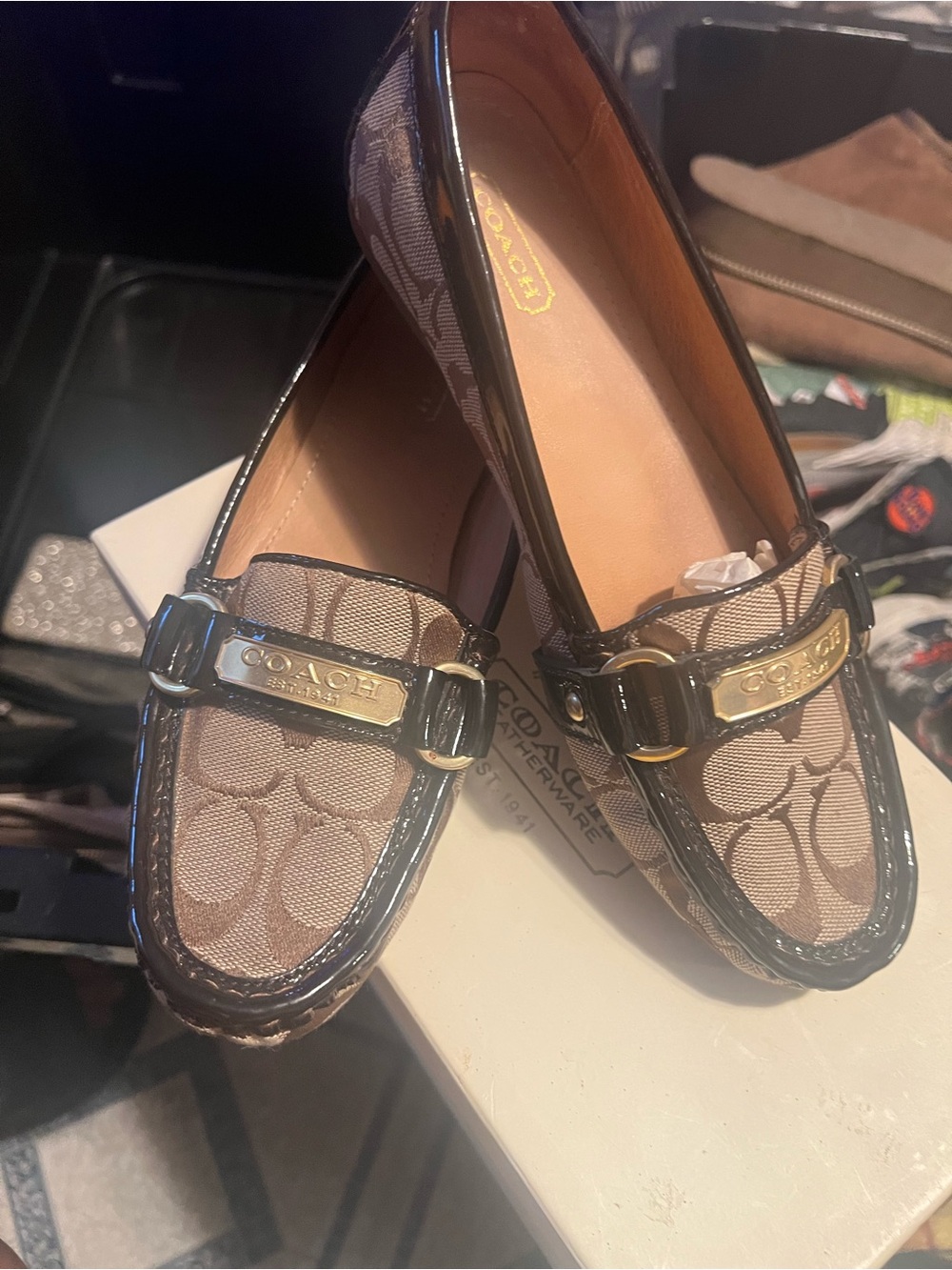 Coach Brown Signature Canvas Loafers with Gold Hardware - Picture 2 of 6